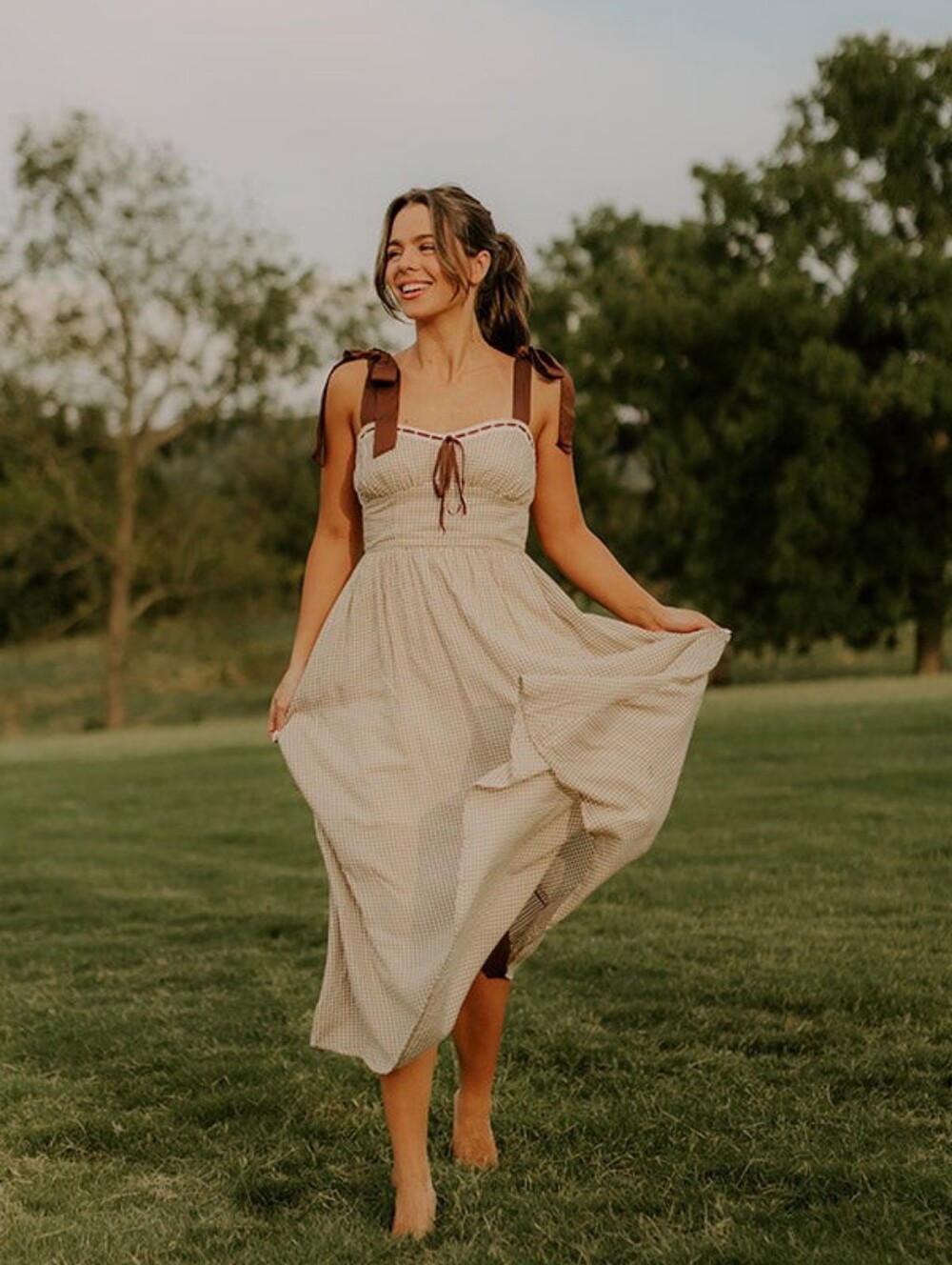 Anthropologie By The River Gingham Midi Dress with Brown Bow Straps